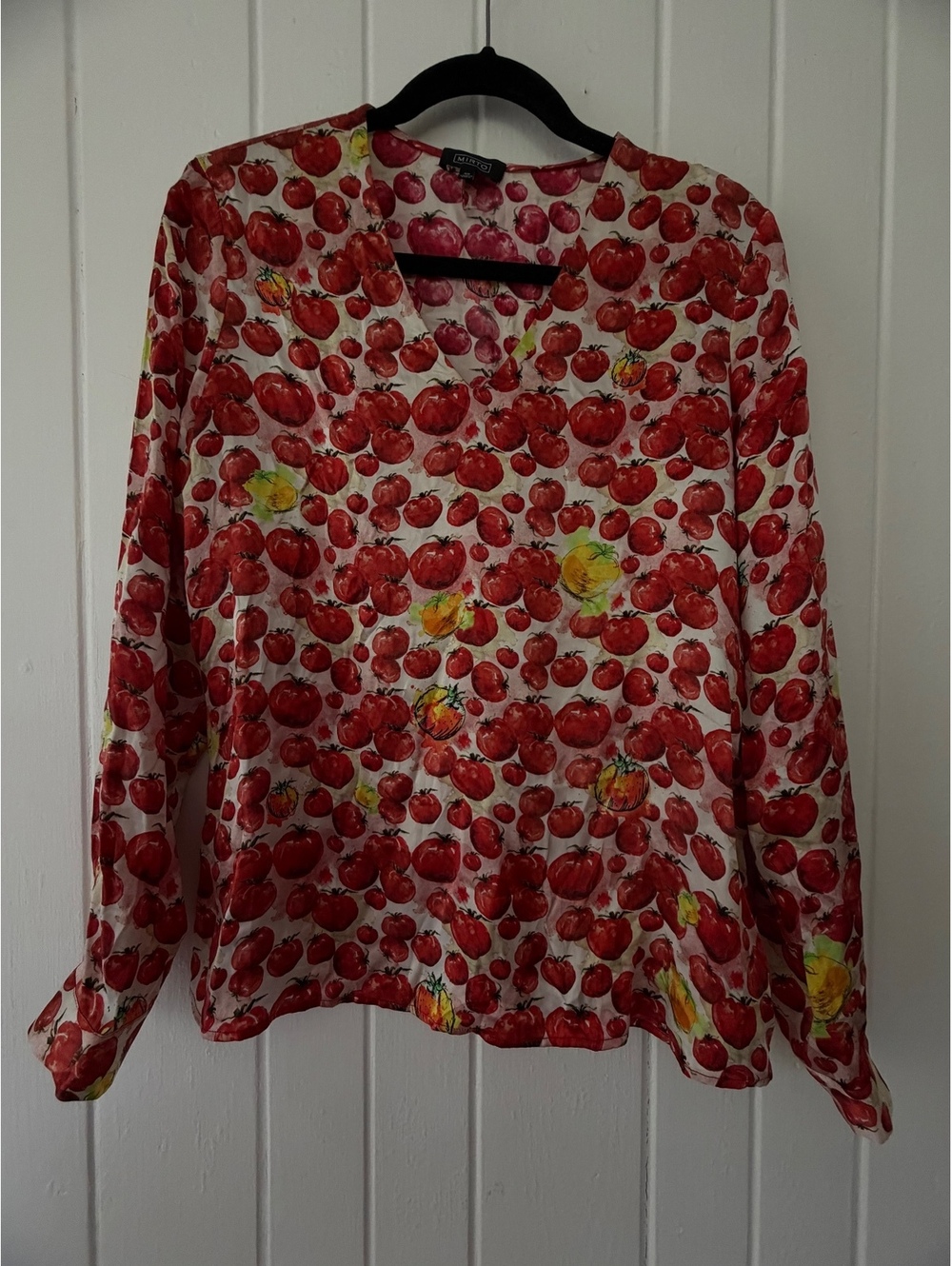Mirto Women's 100% Silk Blouse with Red Tomato Print, Size 40, Made in Spain